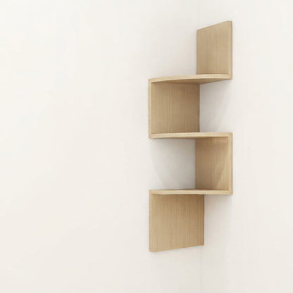 Light wood corner floating 3-tier shelf with three open compartments on staggered arms