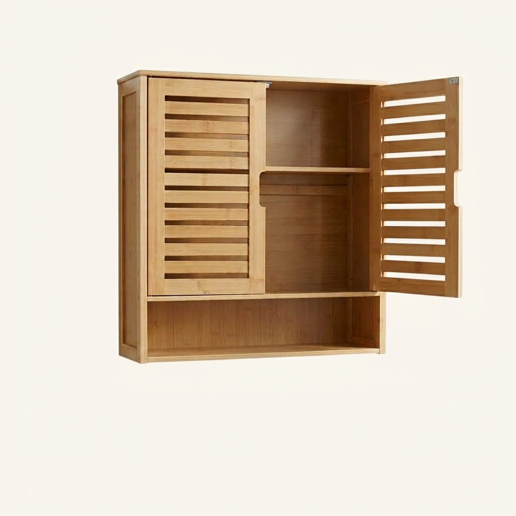 Natural bamboo wall cabinet with louvered doors open, showing empty shelves