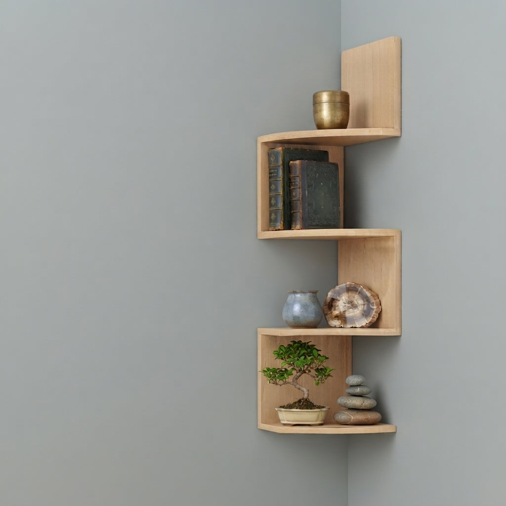 Light wood corner floating 3-tier shelf with open cubbies holding decor and books