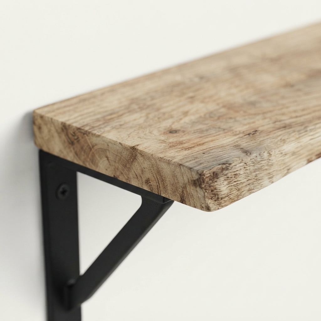 Ostenwood rustic wall shelf close-up: light wood top with black metal corner bracket