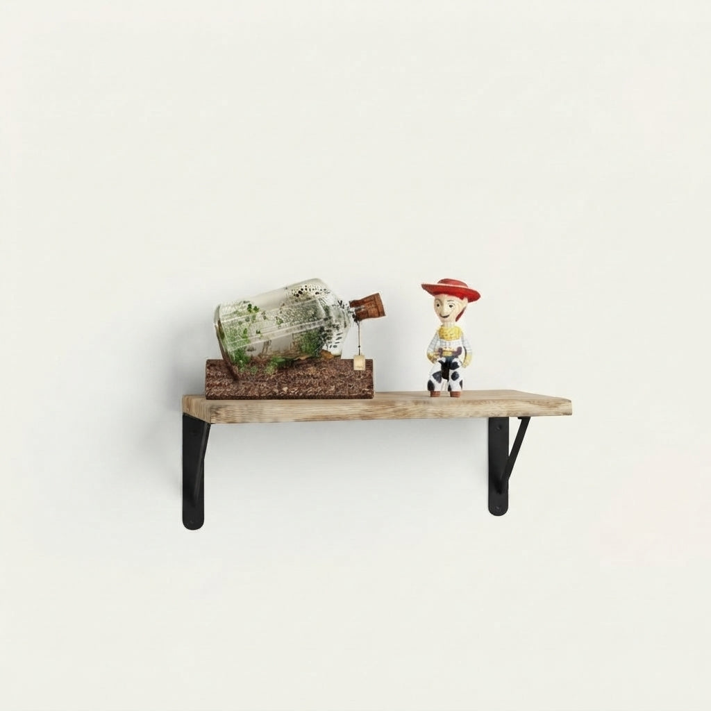 Ostenwood rustic wall shelf with black metal brackets and small figurines on top