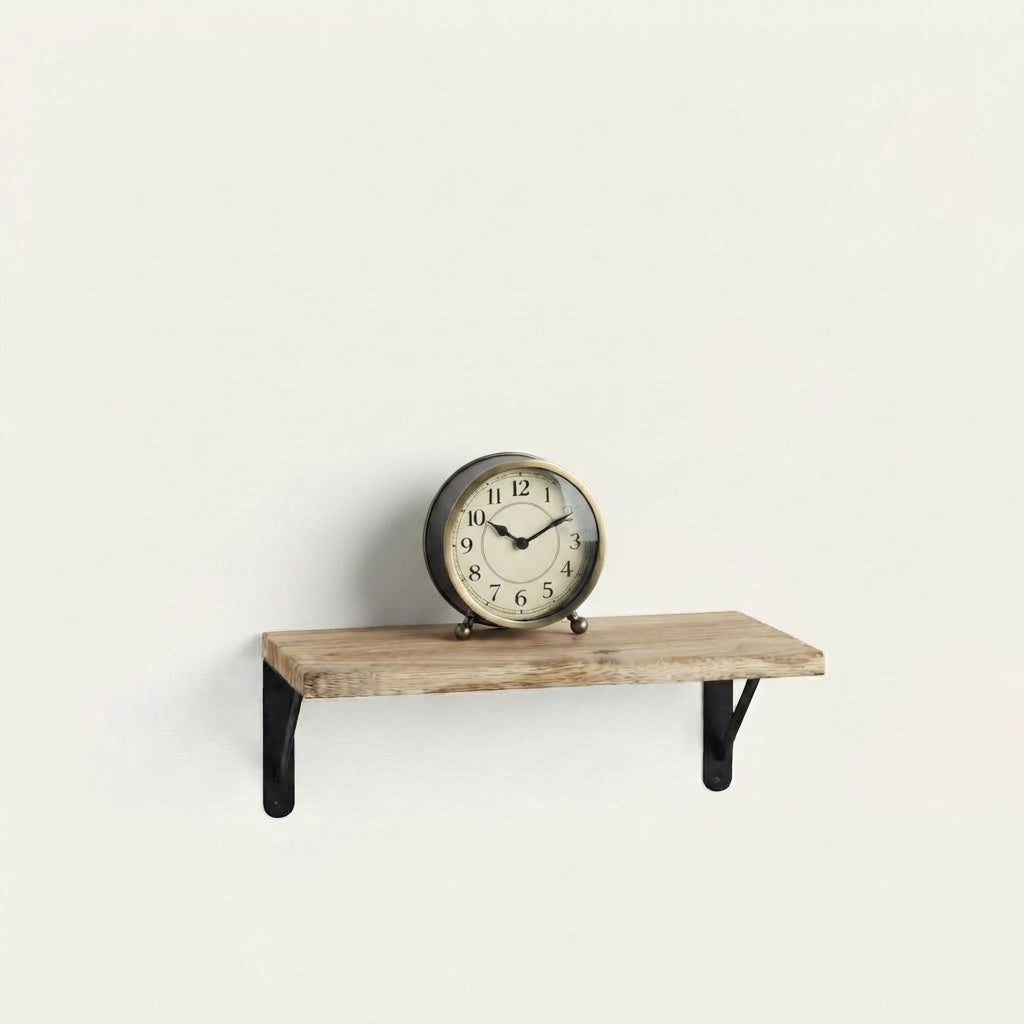 Ostenwood rustic wall shelf with black metal brackets and round wall clock on top