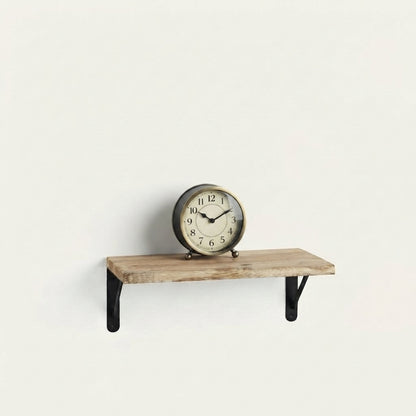 Ostenwood rustic wall shelf with black metal brackets and round wall clock on top