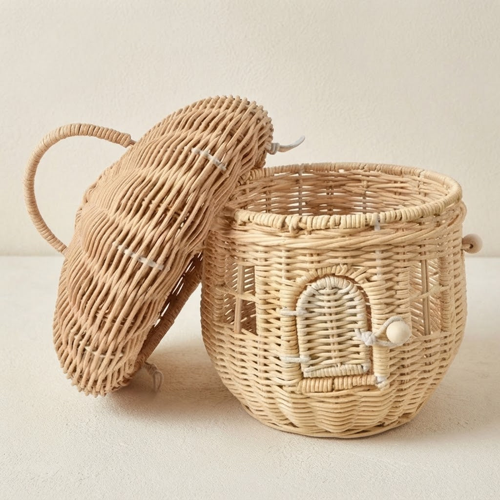 Muris woven rattan mushroom storage basket with khaki open lid and round woven handle