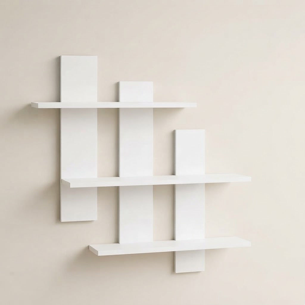 White asymmetrical three-tier floating wall shelf, side view of staggered tiers