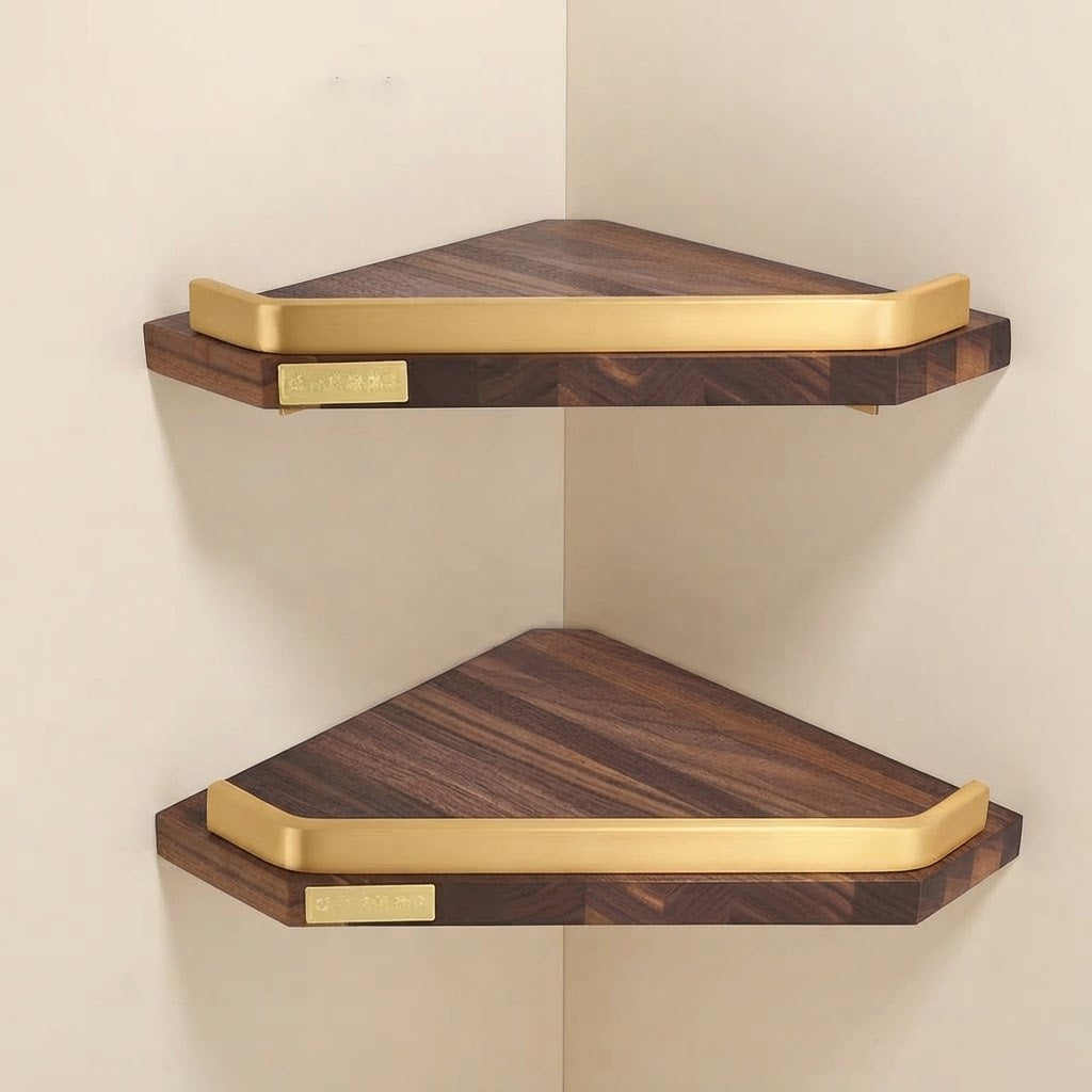 Walnut wood floating corner shelf with gold guard rails, two-tier design