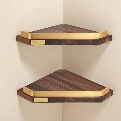 Walnut wood floating corner shelf with gold guard rails, two-tier design