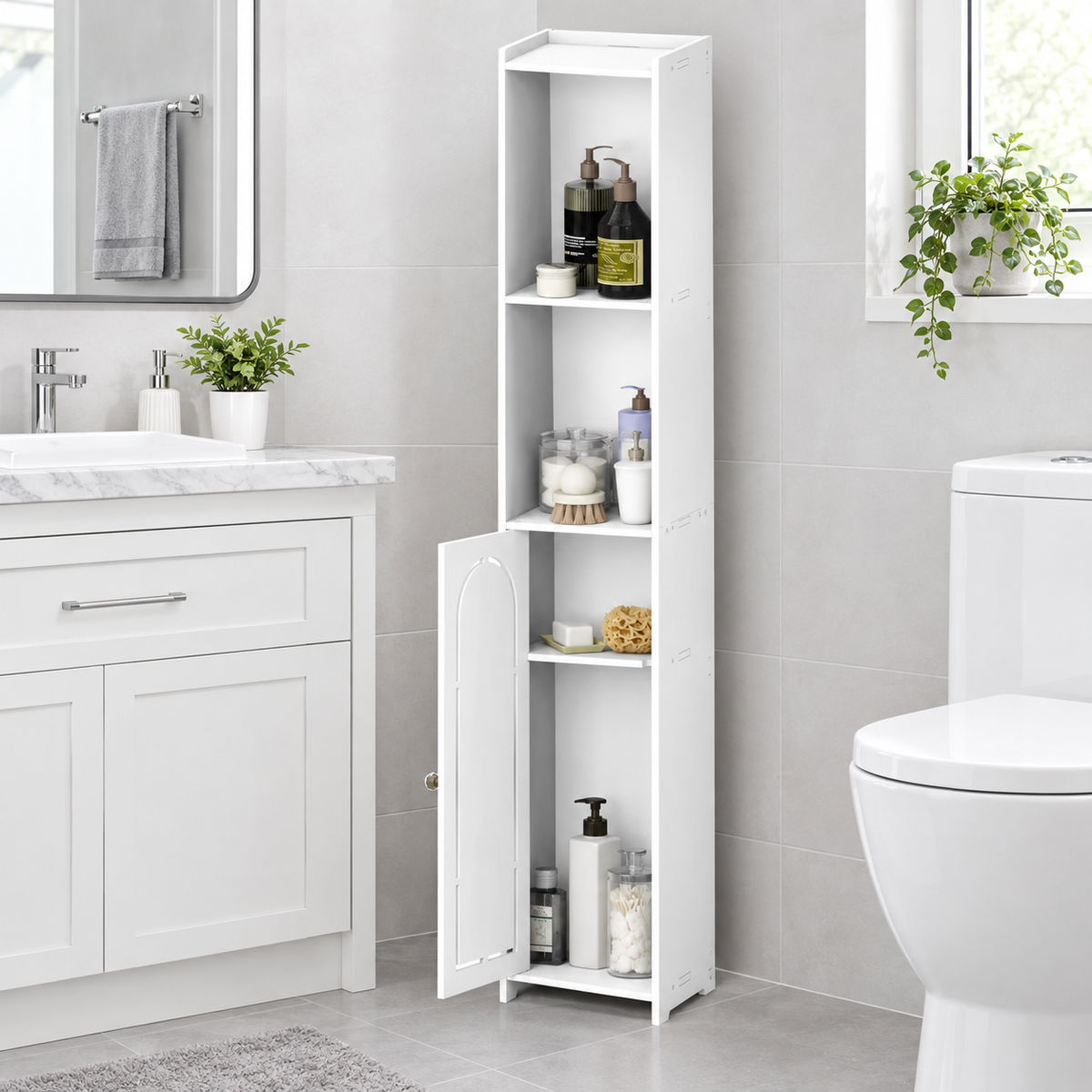 White tall cabinet with arched door open, showing interior shelves for toiletries