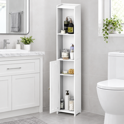White tall cabinet with arched door open, showing interior shelves for toiletries