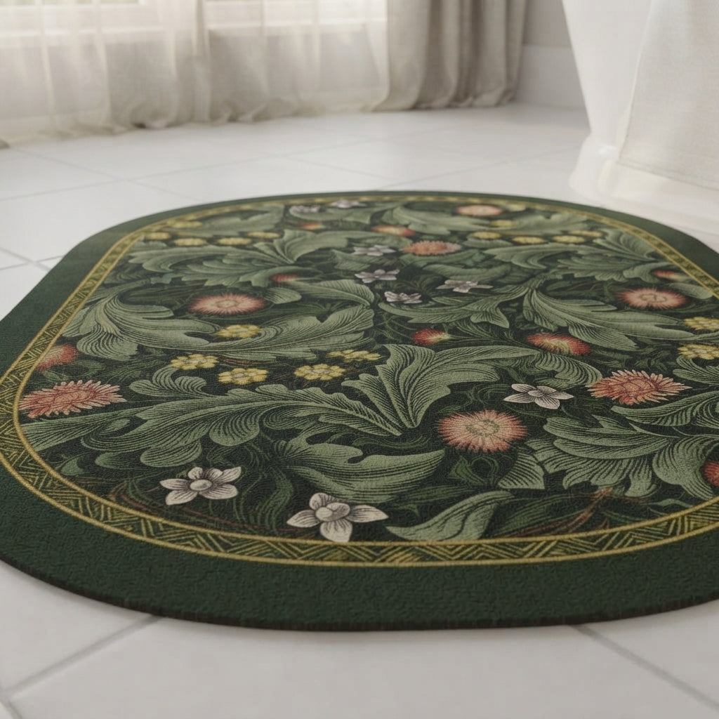 Dark green oval botanical bath mat with floral print and non-slip border
