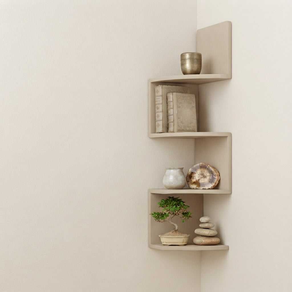 Light wood corner floating 3-tier shelf with small jars, stones, and a brass vase