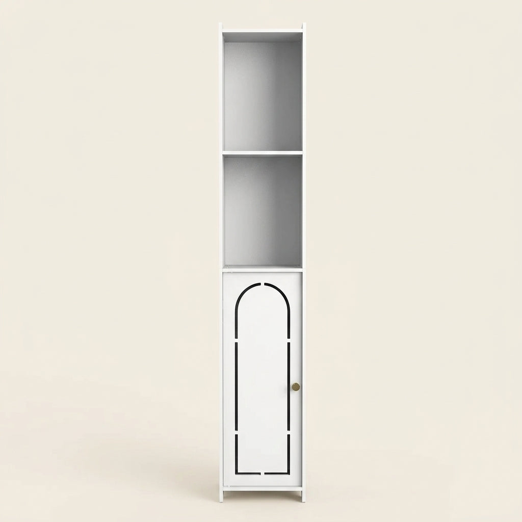 Tall white bathroom cabinet with arched door panel and small gold handle