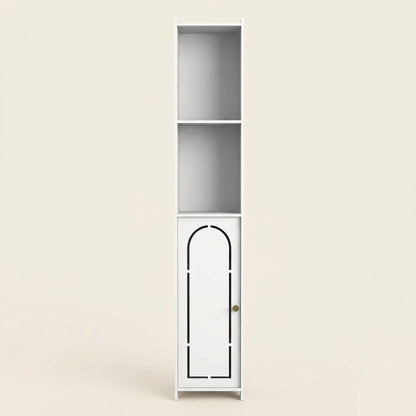 Tall white bathroom cabinet with arched door panel and small gold handle