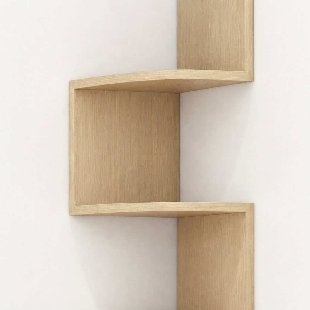 Corner floating wooden shelf detail with open square cubbies and side panels