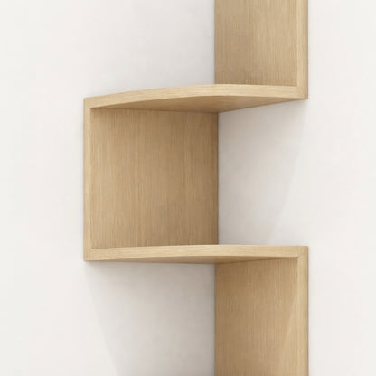 Corner floating wooden shelf detail with open square cubbies and side panels
