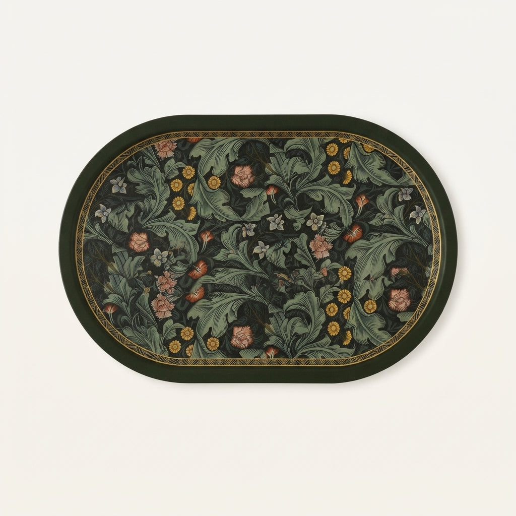 Dark green oval botanical bath mat with ornate floral design