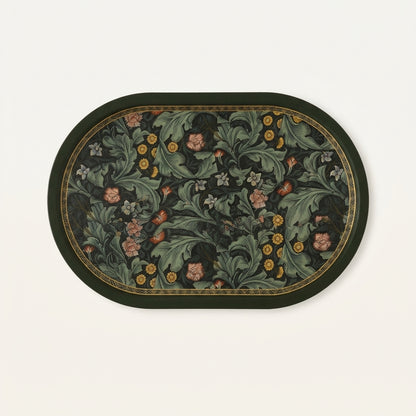 Dark green oval botanical bath mat with ornate floral design