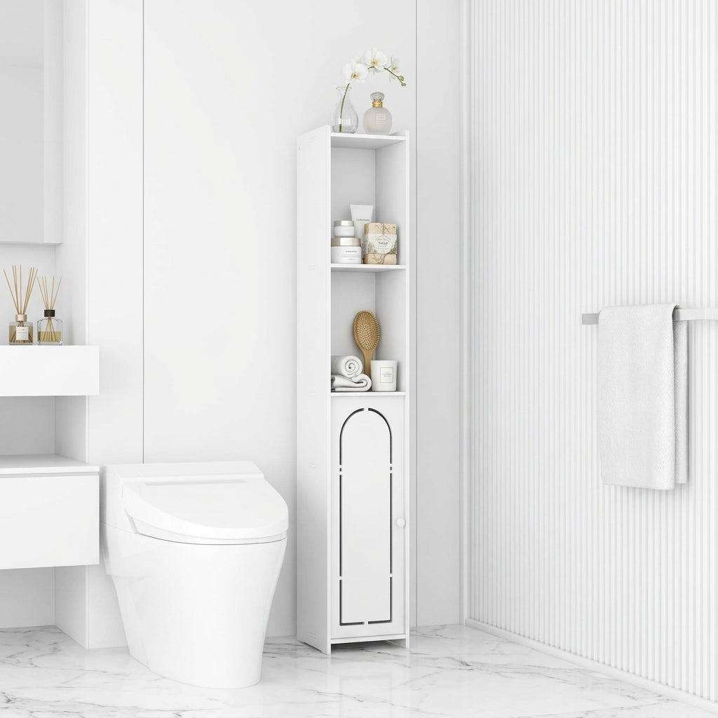 White arched bathroom cabinet with narrow shelves behind a vertical door panel