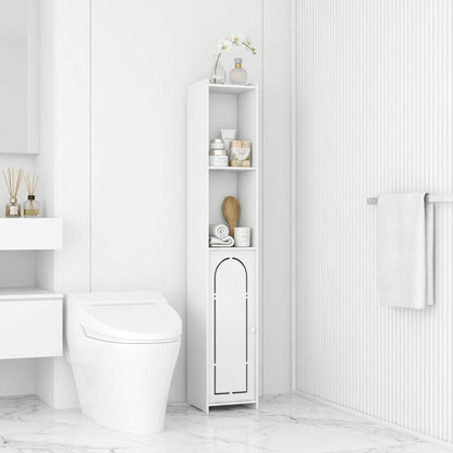 White arched bathroom cabinet with narrow shelves behind a vertical door panel