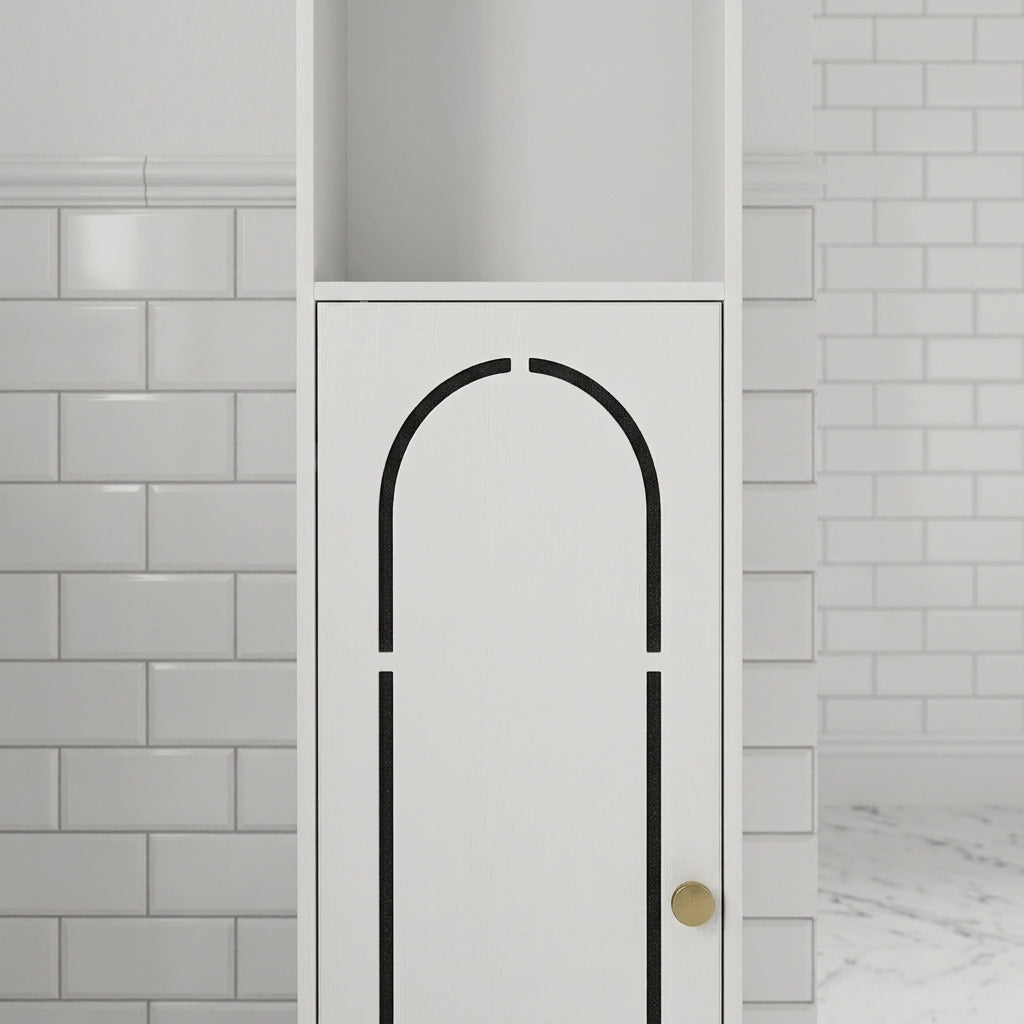 Tall white bathroom cabinet with arched door and gold knob, open shelves inside