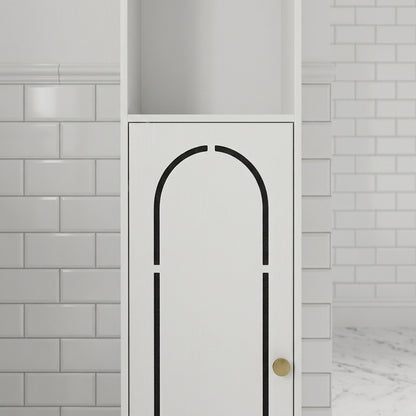 Tall white bathroom cabinet with arched door and gold knob, open shelves inside