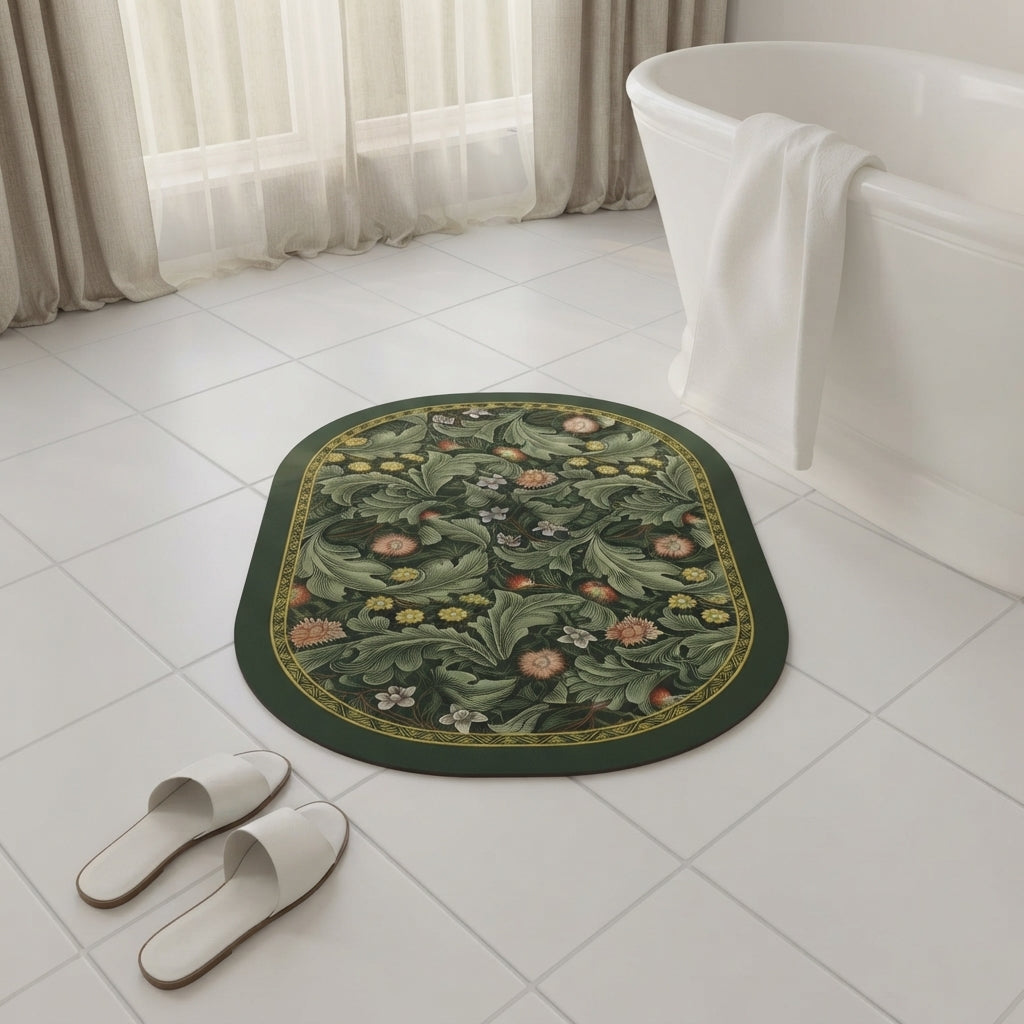 Dark green oval botanical bath mat with floral pattern and non-slip edging
