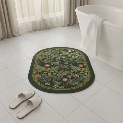 Dark green oval botanical bath mat with floral pattern and non-slip edging