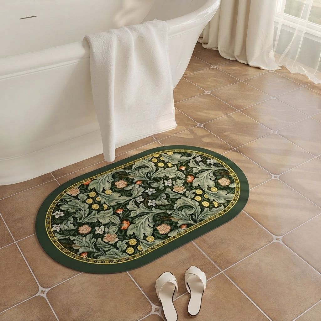 Dark green oval botanical bath mat with detailed floral print and non-slip backing