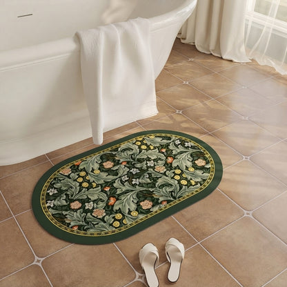 Dark green oval botanical bath mat with detailed floral print and non-slip backing