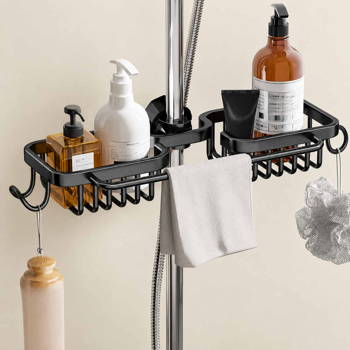 Shower riser rail caddy with dark shelves, bottle holders, and hanging towel bar