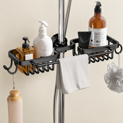 Shower riser rail caddy with dark shelves, bottle holders, and hanging towel bar
