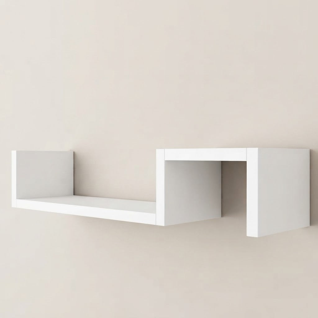 White wooden geometric wall shelf with open cubby sections