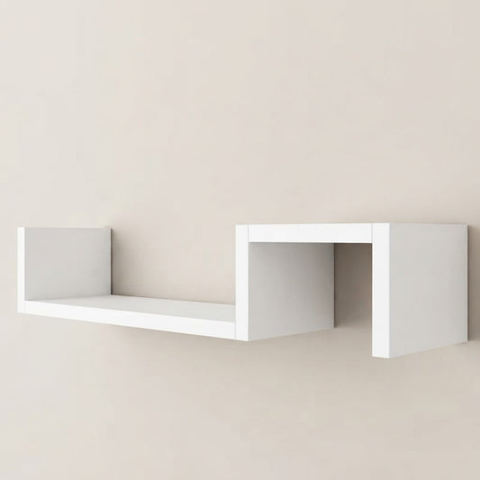 White wooden geometric wall shelf with open cubby sections