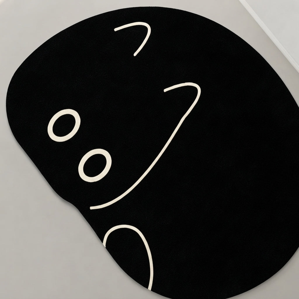 Black cat-shaped bath mat close-up of peeking face, white eyes and nose outline
