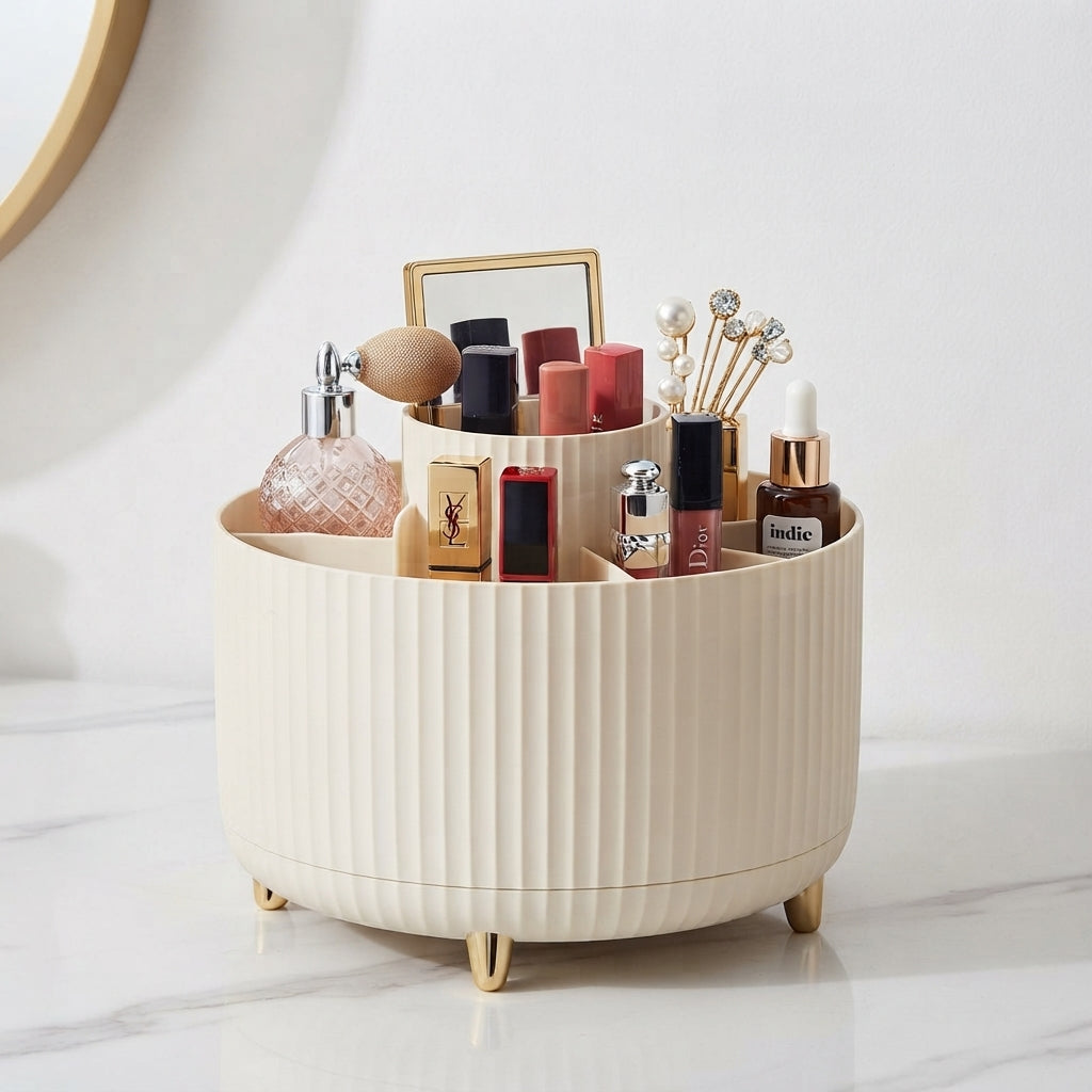 Ivory ribbed 360 rotating makeup organizer with gold feet and vanity cosmetics