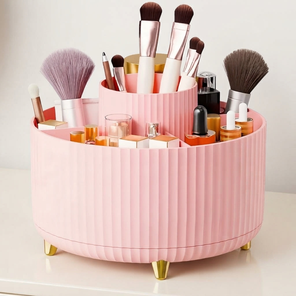 Pink ribbed 360 rotating makeup organizer with gold feet and standing makeup brushes