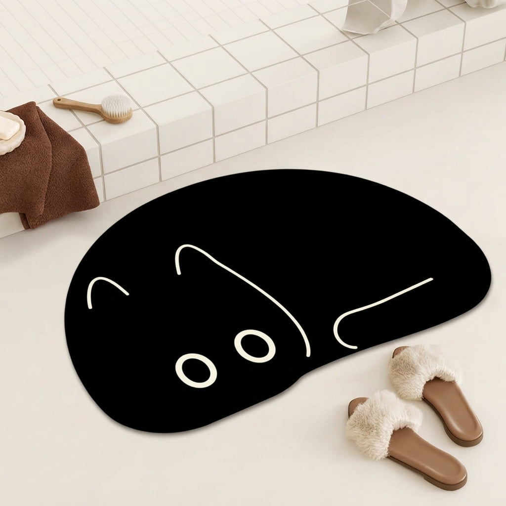 Black cat-shaped bath mat with curled peeking cat outline and whisker lines