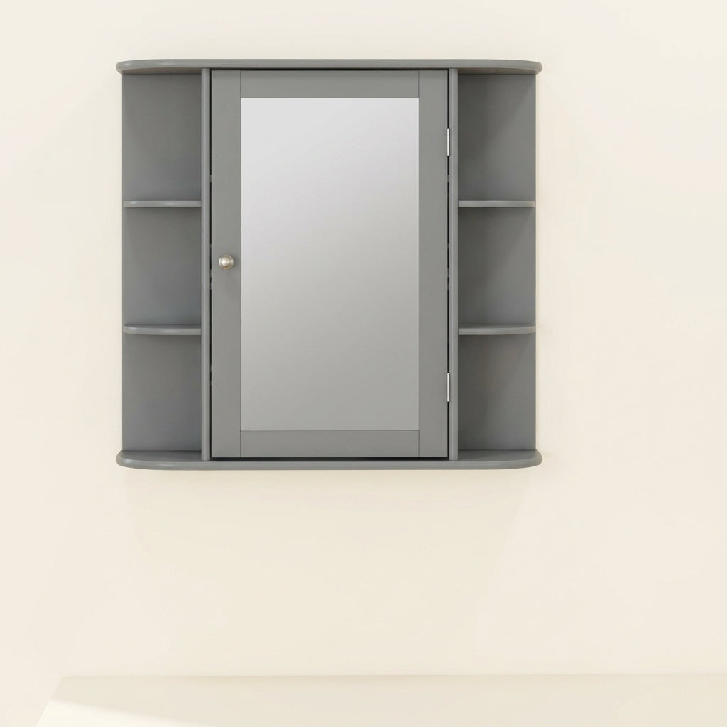 Gray mirrored bathroom cabinet with glass door and interior side shelves