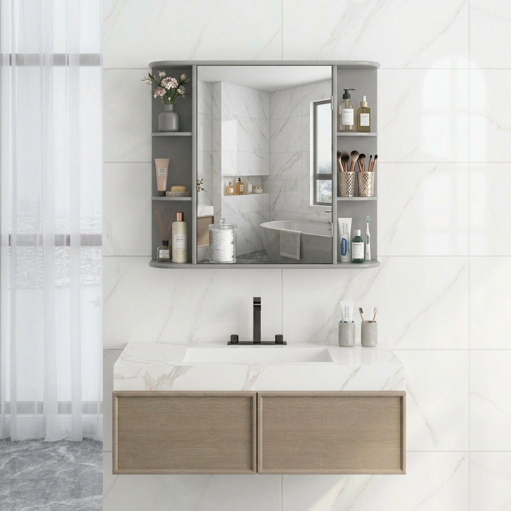 Gray mirrored bathroom cabinet with side shelves and center mirrored door