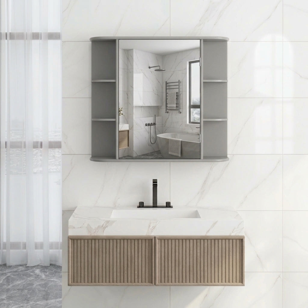 Gray mirrored bathroom cabinet with two side shelves and central mirrored door