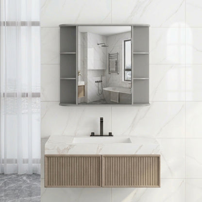 Gray mirrored bathroom cabinet with two side shelves and central mirrored door