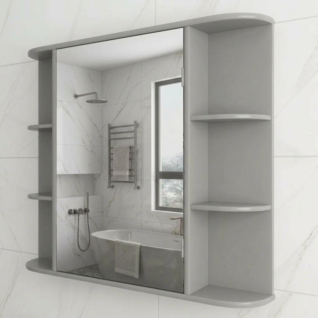 Mirrored bathroom cabinet with side shelves, gray frame and mirrored door