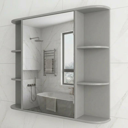 Mirrored bathroom cabinet with side shelves, gray frame and mirrored door