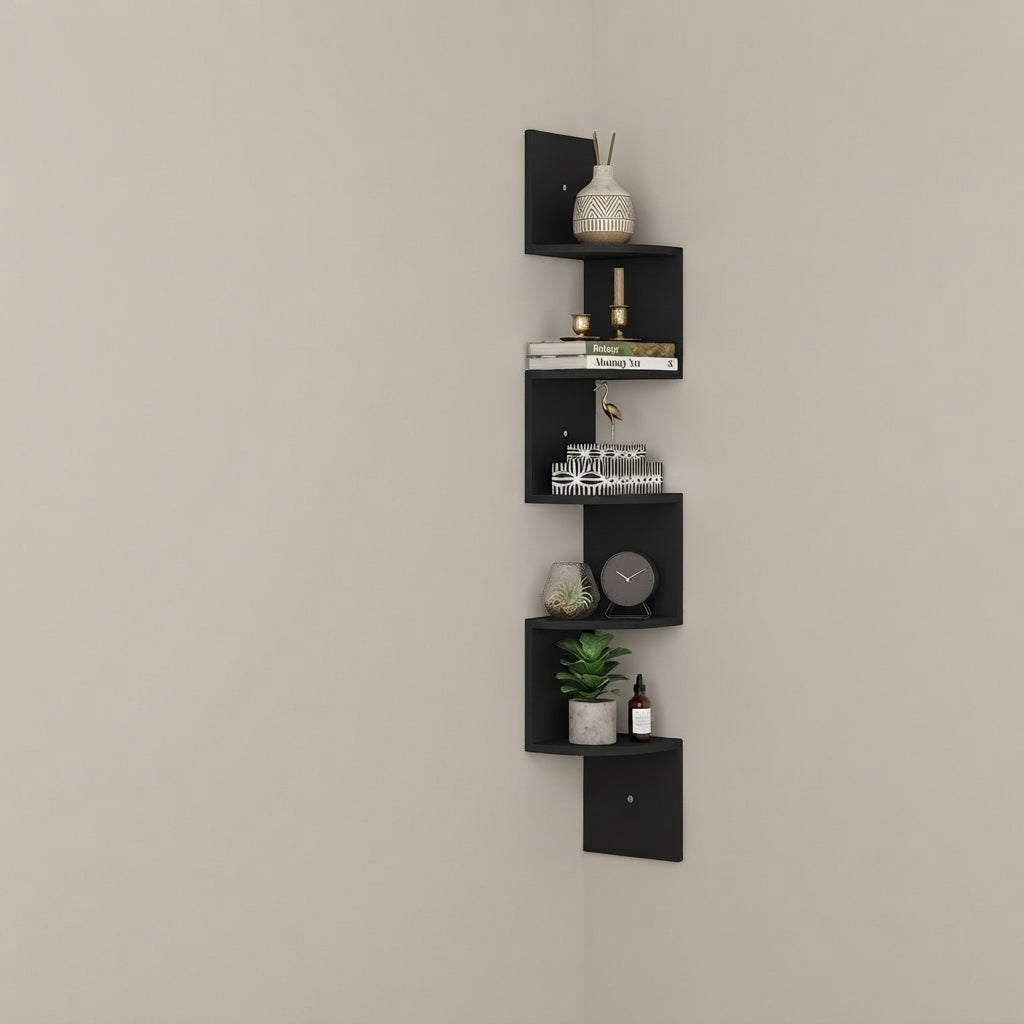 Black corner floating wall shelf with stacked open cubbies and small side flaps