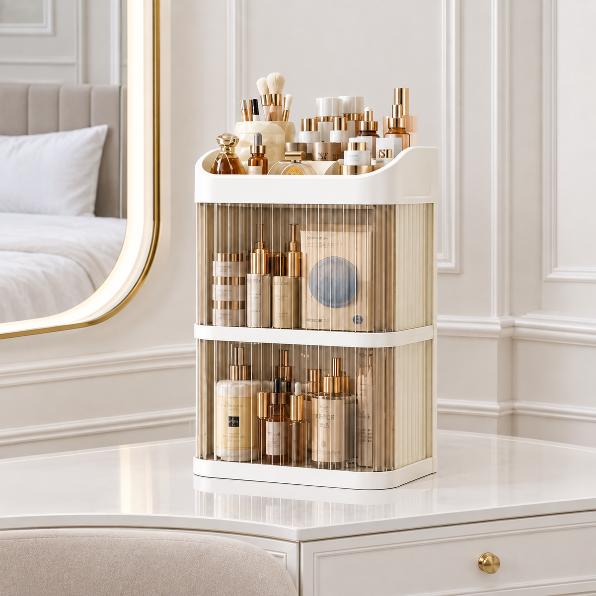 Two-tier countertop makeup organizer with top tray and clear vertical compartments