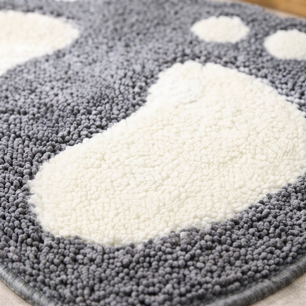 Close-up of shaggy microfiber bath mat with dark gray pile and white footprint patch