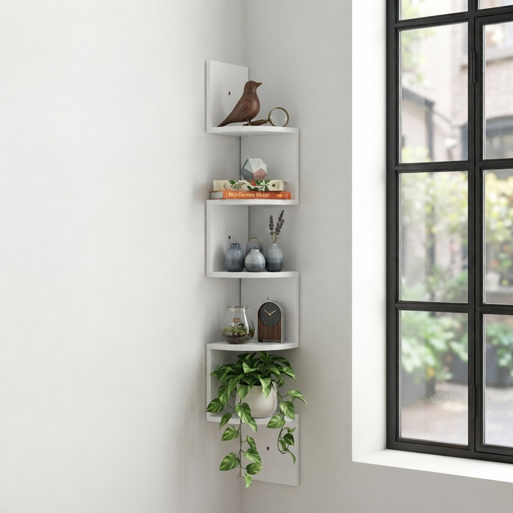 White corner floating wall shelf with open square shelves for decor items