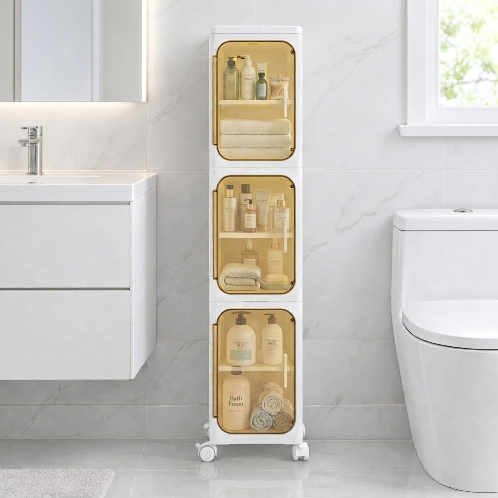 Slim rolling bathroom storage cabinet with three open doors holding toiletries