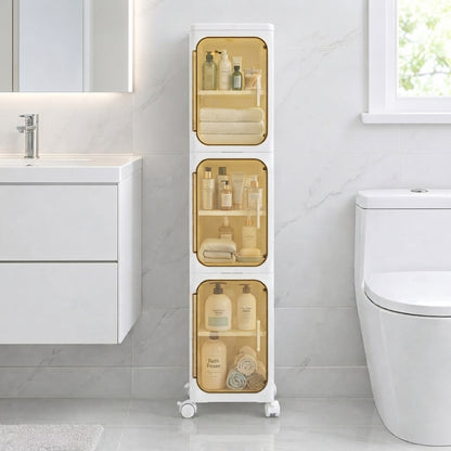 Slim rolling bathroom storage cabinet with three open doors holding toiletries
