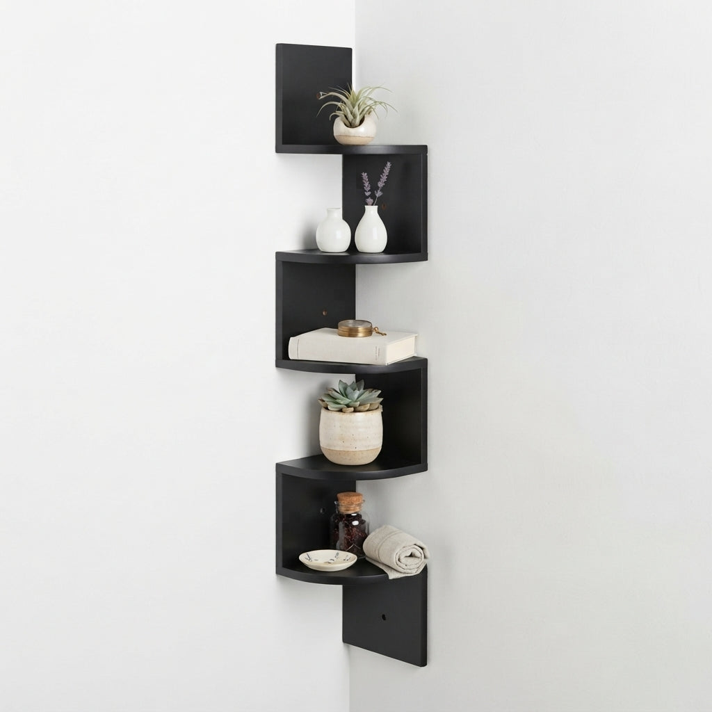 Black corner floating wall shelf with stacked open cubbies and shelf back panels